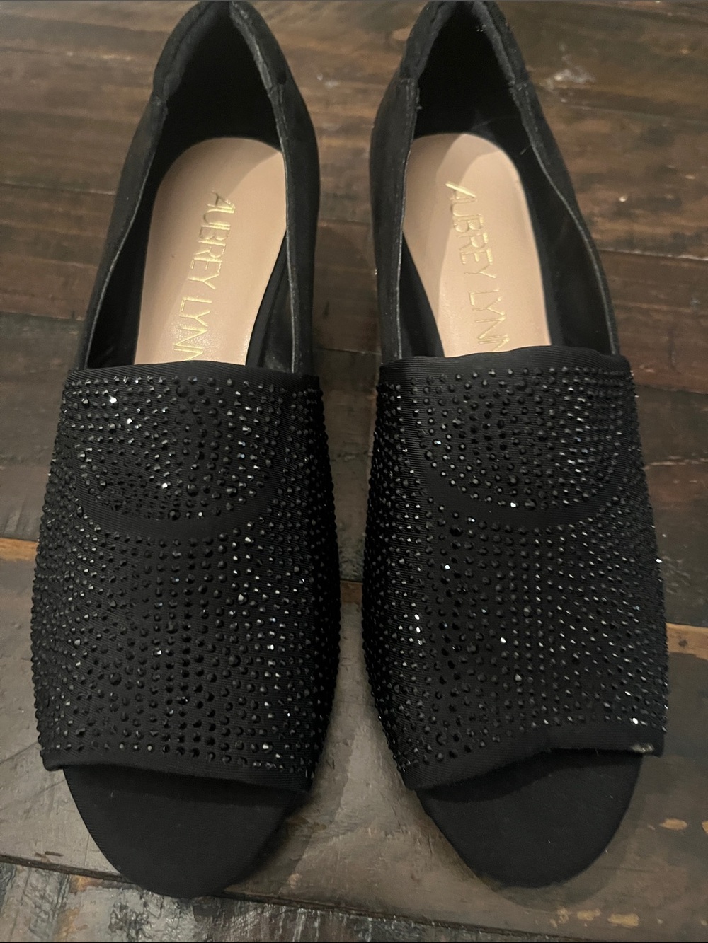 Aubrey Lynn Black Rhinestone Peep-Toe Heels